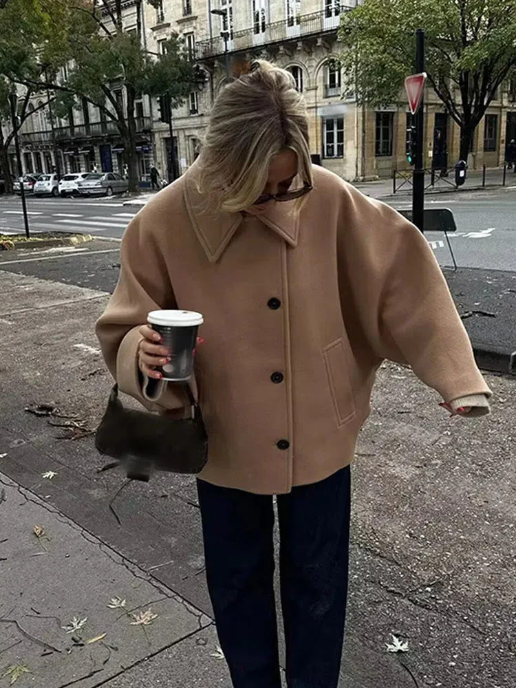 TRAFZA Winter Khaki Damen Lose Jacke Stehkragen Langarm Einreiher Freizeitjacke Damen Wollmischung Top 3 Farben