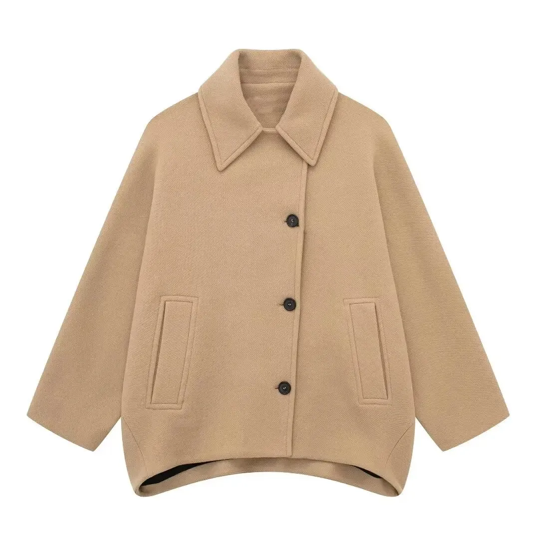 TRAFZA Winter Khaki Damen Lose Jacke Stehkragen Langarm Einreiher Freizeitjacke Damen Wollmischung Top 3 Farben