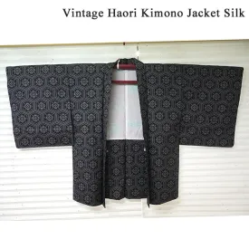 Vintage Haori Kimono Jacket Silk, Black base, Hanakikkō (Flower Hexagon) Pattern