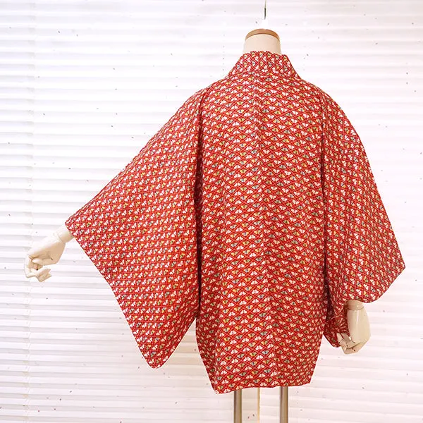 Vintage Haori Kimono Jacket Silk, Bold Red base, Butterflies, Diamond
