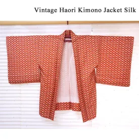 Vintage Haori Kimono Jacket Silk, Bold Red base, Butterflies, Diamond
