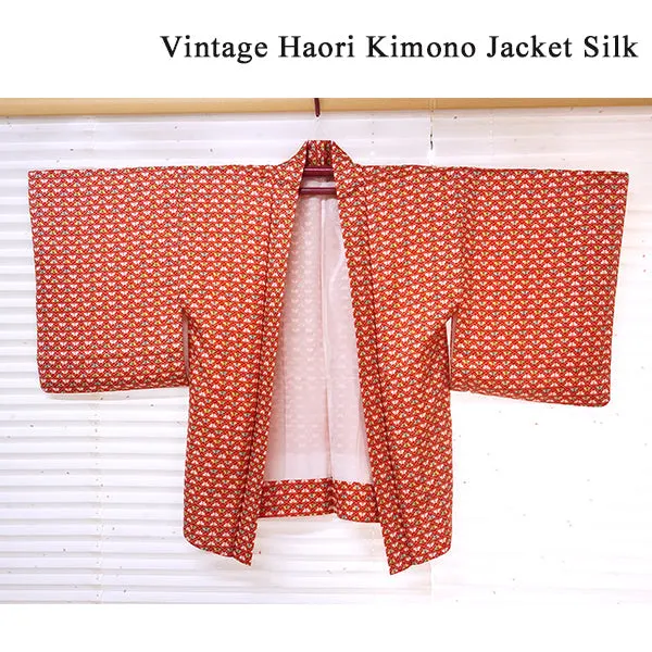 Vintage Haori Kimono Jacket Silk, Bold Red base, Butterflies, Diamond