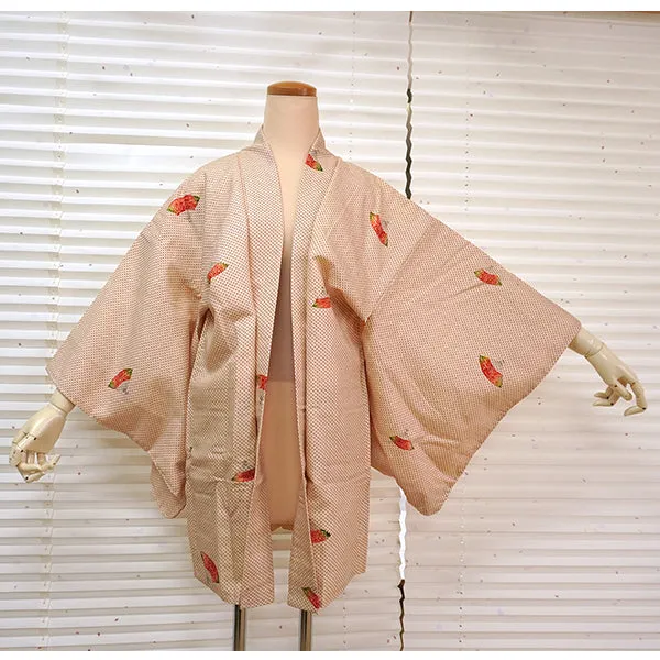 Vintage Haori Kimono Jacket Silk, Ivory Beige base, Plum Blossom