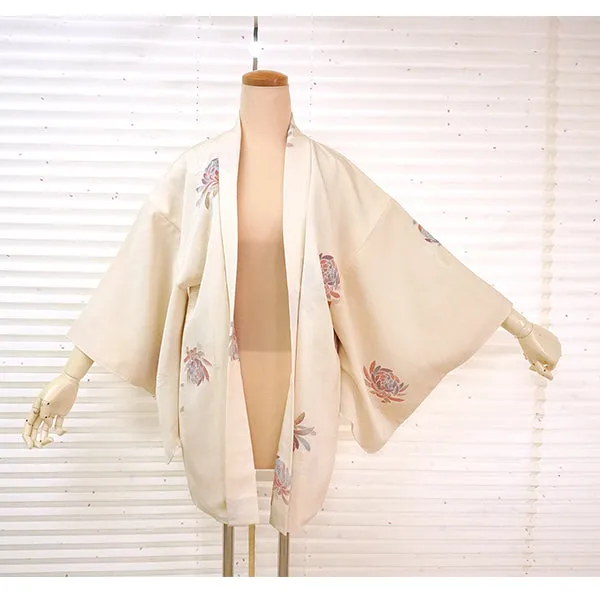 Vintage Haori Kimono Jacket Silk, Ivory Beige base,Chrysanthemums