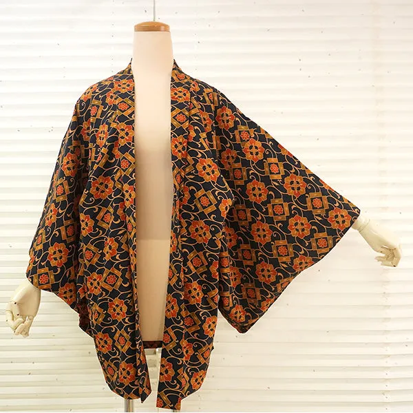 Vintage Haori Kimono Jacket Silk, Navy Blue  base, Chrysanthemum , Arabesque