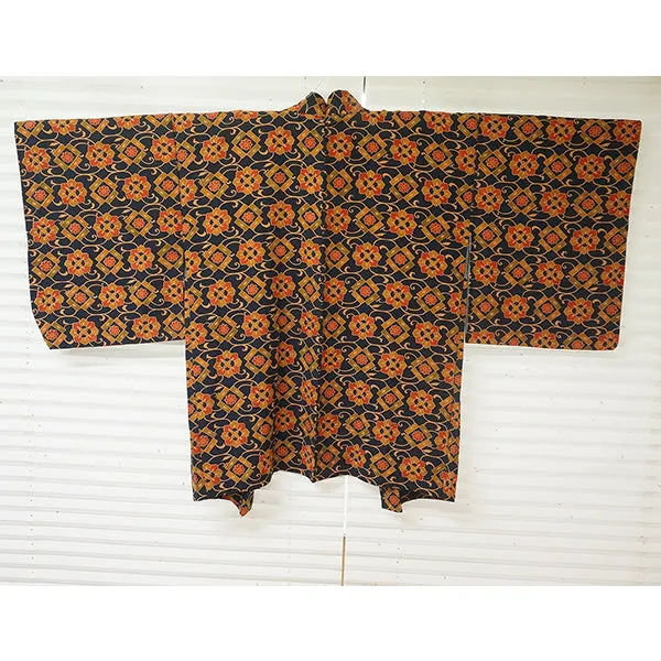Vintage Haori Kimono Jacket Silk, Navy Blue  base, Chrysanthemum , Arabesque