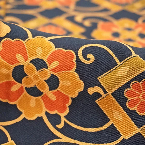 Vintage Haori Kimono Jacket Silk, Navy Blue  base, Chrysanthemum , Arabesque
