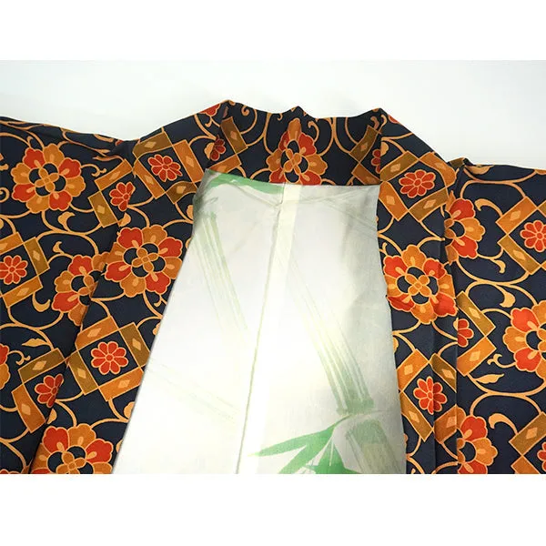 Vintage Haori Kimono Jacket Silk, Navy Blue  base, Chrysanthemum , Arabesque