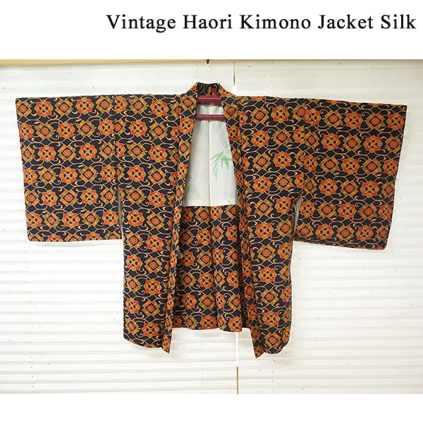 Vintage Haori Kimono Jacket Silk, Navy Blue  base, Chrysanthemum , Arabesque