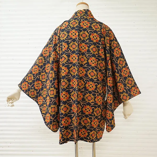 Vintage Haori Kimono Jacket Silk, Navy Blue  base, Chrysanthemum , Arabesque