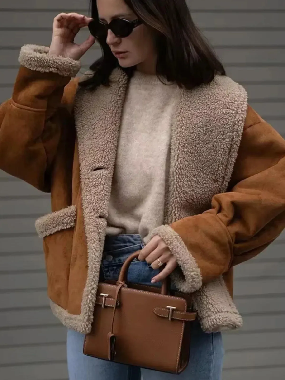 Warm Sherpa-Lined Faux Suede Jacket