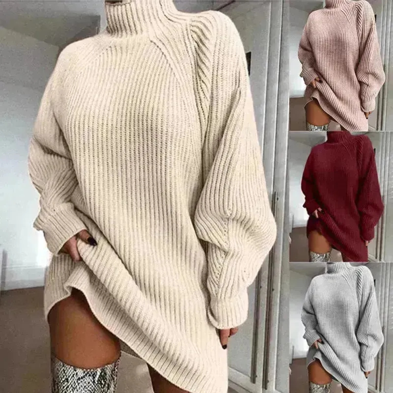 Winter Solid Mini Jumper Dress Turtleneck Sweater Dress