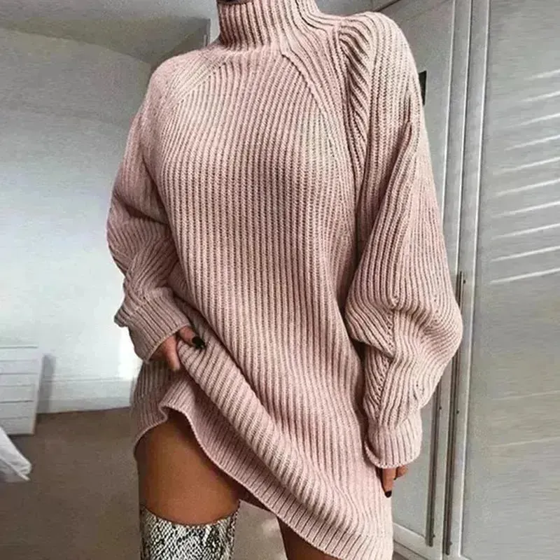 Winter Solid Mini Jumper Dress Turtleneck Sweater Dress