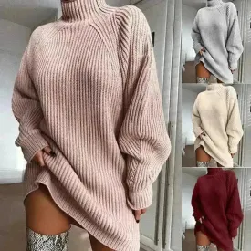 Winter Solid Mini Jumper Dress Turtleneck Sweater Dress