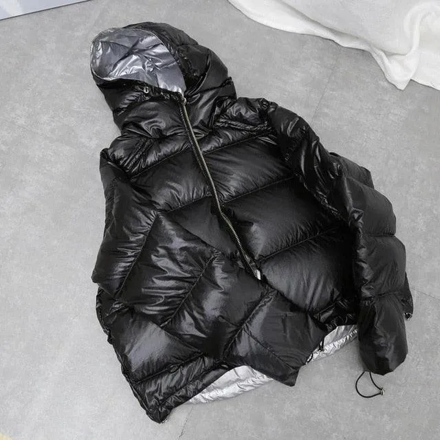 Women Winter Jacket Duck Down Parkas Silver Double Side Coat Big Aritificial Fur Hooded Female Down Oversize