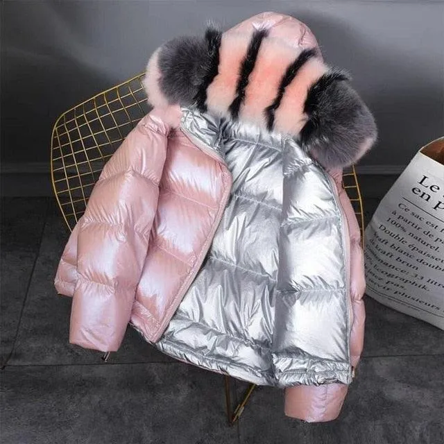Women Winter Jacket Duck Down Parkas Silver Double Side Coat Big Aritificial Fur Hooded Female Down Oversize