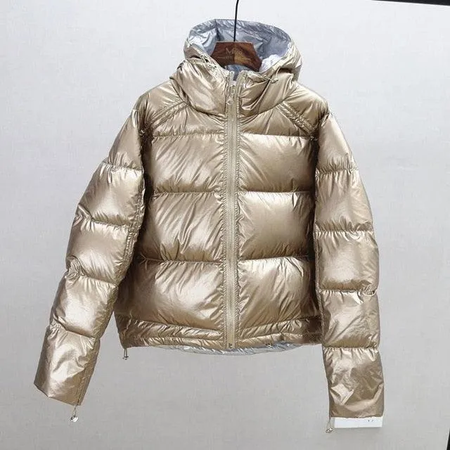 Women Winter Jacket Duck Down Parkas Silver Double Side Coat Big Aritificial Fur Hooded Female Down Oversize