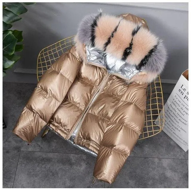 Women Winter Jacket Duck Down Parkas Silver Double Side Coat Big Aritificial Fur Hooded Female Down Oversize