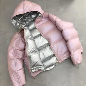 Women Winter Jacket Duck Down Parkas Silver Double Side Coat Big Aritificial Fur Hooded Female Down Oversize