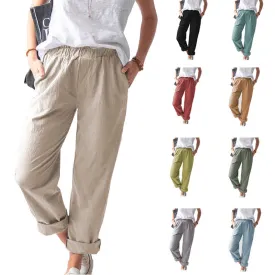 Women's Linen Trousers Solid Color Elastic High Waist Pants