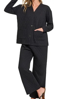 Zenana Fireside Cozy Black Quilted Jacket and Pants Set